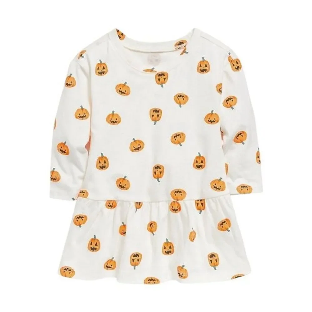 GAP Old Navy Infant Baby 3-6 Months Long-Sleeve Pumpkin Printed Drop-Waist Dress
